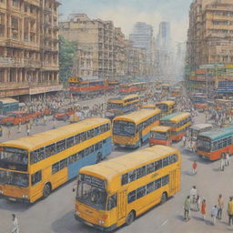 Illustration of Mumbai emphasizing construction and transportation, featuring prominent buildings, busy roads with vehicles, buses, taxis, and local trains.