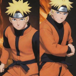 Naruto Uzumaki split in half vertically. One side is cheerfully optimistic and bright in his orange outfit, his other half is his dark side with fierce expressions, and a dark aura.