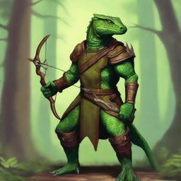 The image is a high-resolution digital art piece featuring a green lizardfolk ranger