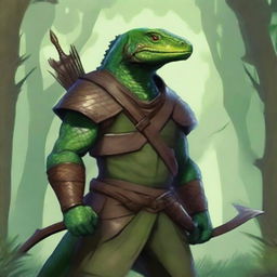 The image is a high-resolution digital art piece featuring a green lizardfolk ranger