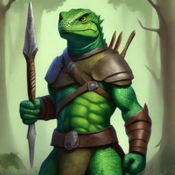 The image is a high-resolution digital art piece featuring a green lizardfolk ranger