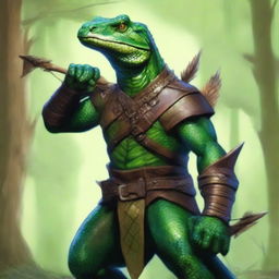 The image is a high-resolution digital art piece featuring a green lizardfolk ranger