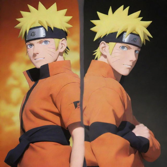 Naruto Uzumaki split in half vertically. One side is cheerfully optimistic and bright in his orange outfit, his other half is his dark side with fierce expressions, and a dark aura.