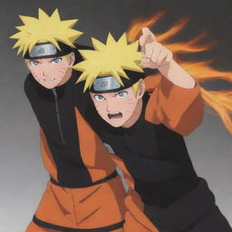 Naruto Uzumaki split in half vertically. One side is cheerfully optimistic and bright in his orange outfit, his other half is his dark side with fierce expressions, and a dark aura.