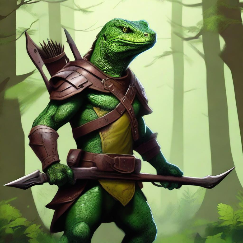 This is a high-quality digital art representation of a green lizardfolk ranger