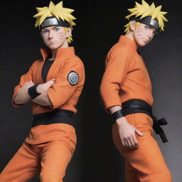 Naruto Uzumaki split in half vertically. One side is cheerfully optimistic and bright in his orange outfit, his other half is his dark side with fierce expressions, and a dark aura.