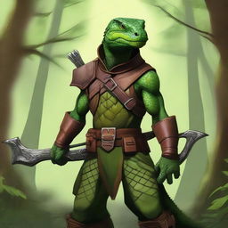 This is a high-quality digital art representation of a green lizardfolk ranger