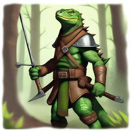 This is a high-quality digital art representation of a green lizardfolk ranger