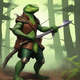 This is a high-quality digital art representation of a green lizardfolk ranger