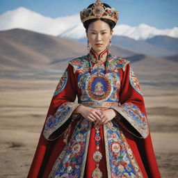 A regal and authoritative depiction of a Mongolian queen wearing traditional attire richly adorned with colorful gems and intricate embroidery, with the vast Mongolian landscape serving as her backdrop.