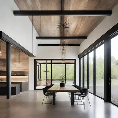 The modern industrial design of the house included open spaces, steel beams, and candent light fixtures hanging from the ceiling.
