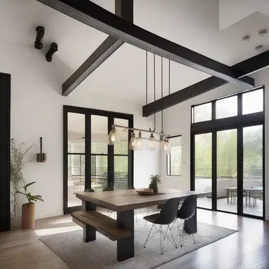 The modern industrial design of the house included open spaces, steel beams, and candent light fixtures hanging from the ceiling.