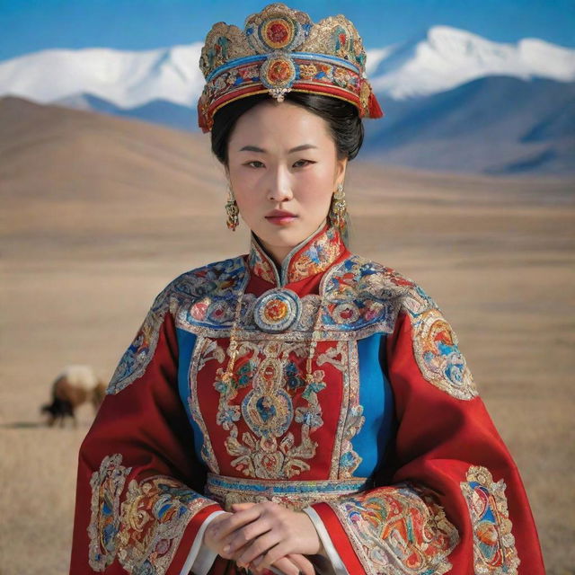 A regal and authoritative depiction of a Mongolian queen wearing traditional attire richly adorned with colorful gems and intricate embroidery, with the vast Mongolian landscape serving as her backdrop.