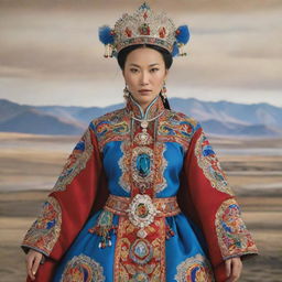 A regal and authoritative depiction of a Mongolian queen wearing traditional attire richly adorned with colorful gems and intricate embroidery, with the vast Mongolian landscape serving as her backdrop.