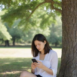 A woman intently looking at her mobile phone under the shade of a large tree