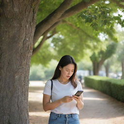 A woman intently looking at her mobile phone under the shade of a large tree