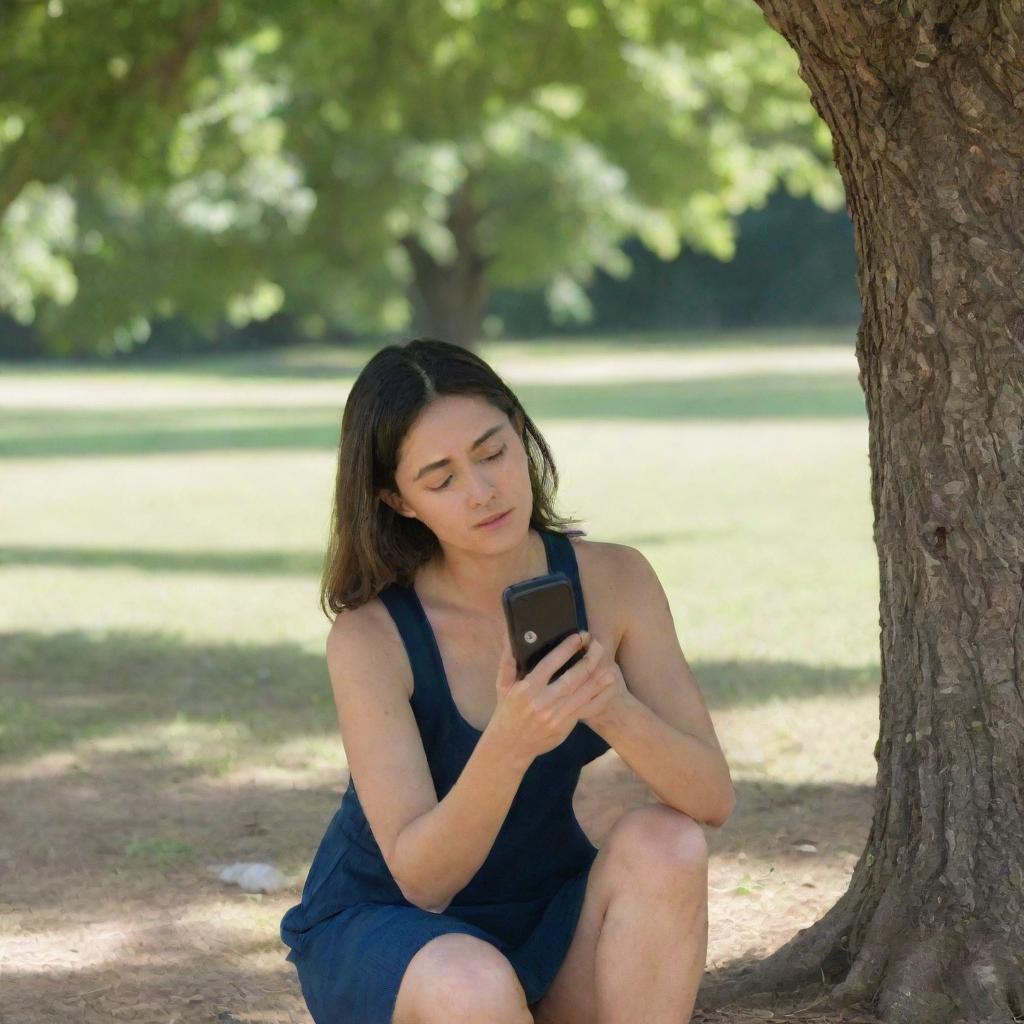 A woman intently looking at her mobile phone under the shade of a large tree