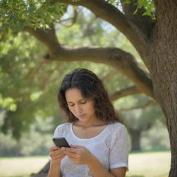 A woman intently looking at her mobile phone under the shade of a large tree