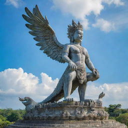 Capture the grandeur of Garuda Wisnu Kencana, a giant statue in Bali, Indonesia with brilliant blue skies behind and lush green landscape surrounding it.