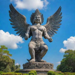 Capture the grandeur of Garuda Wisnu Kencana, a giant statue in Bali, Indonesia with brilliant blue skies behind and lush green landscape surrounding it.