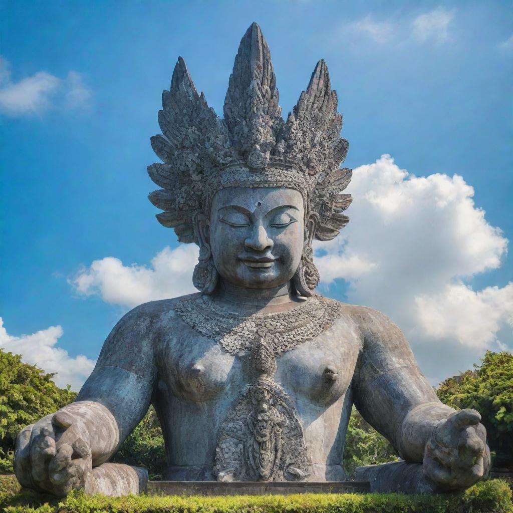 Capture the grandeur of Garuda Wisnu Kencana, a giant statue in Bali, Indonesia with brilliant blue skies behind and lush green landscape surrounding it.