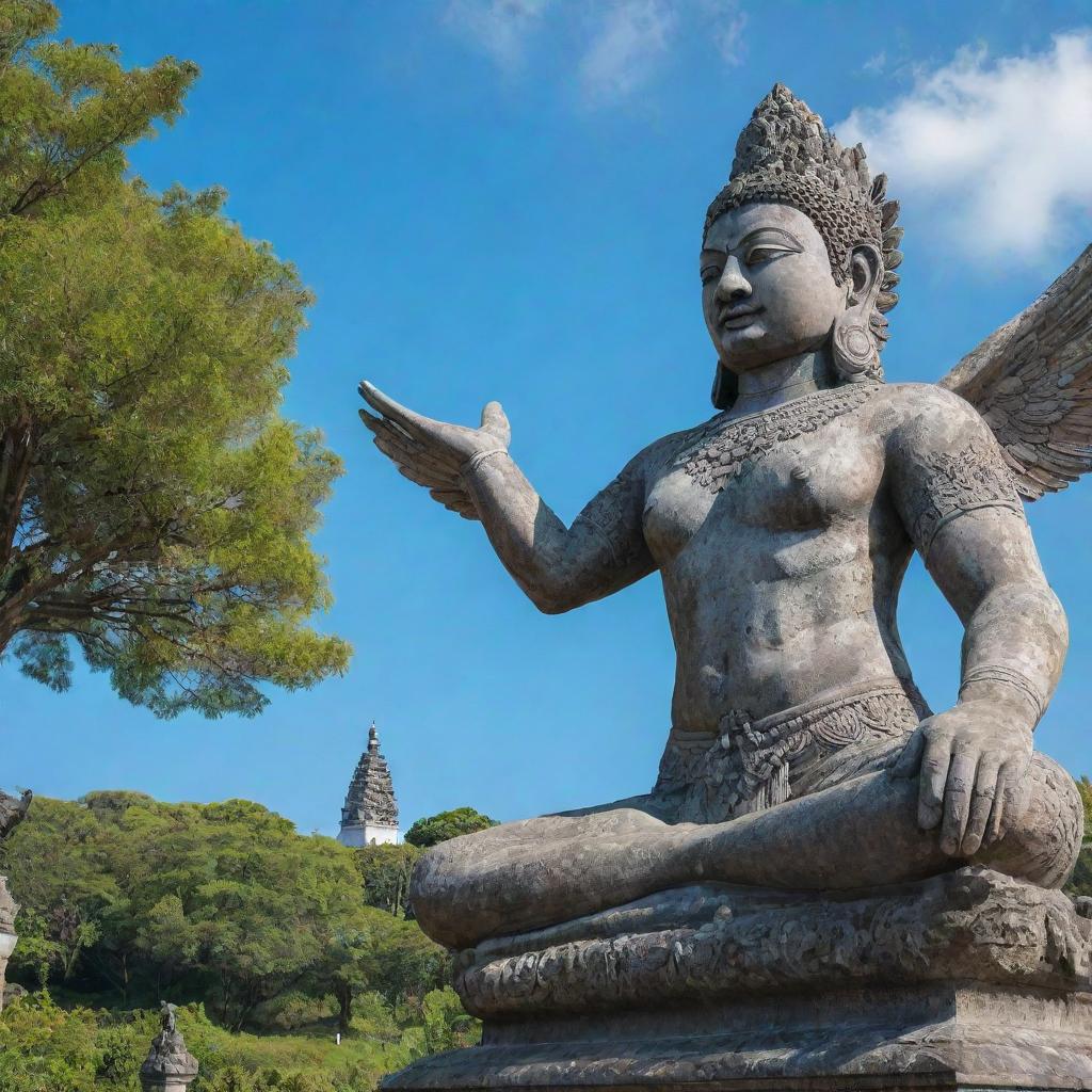 Capture the grandeur of Garuda Wisnu Kencana, a giant statue in Bali, Indonesia with brilliant blue skies behind and lush green landscape surrounding it.