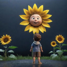 A digital 3D cartoon of a small boy looking upward at a gigantic sunflower against the backdrop of a rain-soaked night