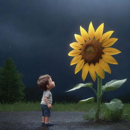 A digital 3D cartoon of a small boy looking upward at a gigantic sunflower against the backdrop of a rain-soaked night