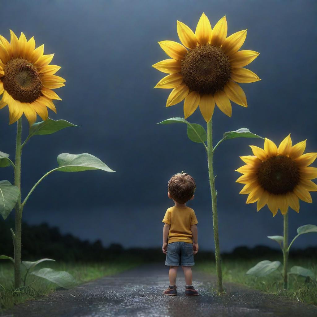 A digital 3D cartoon of a small boy looking upward at a gigantic sunflower against the backdrop of a rain-soaked night