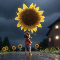 A digital 3D cartoon of a small boy looking upward at a gigantic sunflower against the backdrop of a rain-soaked night