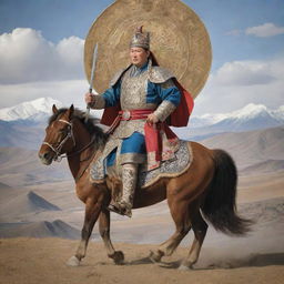 An imposing depiction of a Mongolian king boasting a robust physique, clad in lavishly decorated traditional attire and wielding a commanding sword, with the majestic Mongolian scenery serving as the dramatic backdrop.