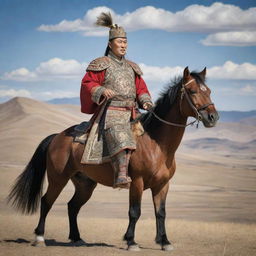 An imposing depiction of a Mongolian king boasting a robust physique, clad in lavishly decorated traditional attire and wielding a commanding sword, with the majestic Mongolian scenery serving as the dramatic backdrop.