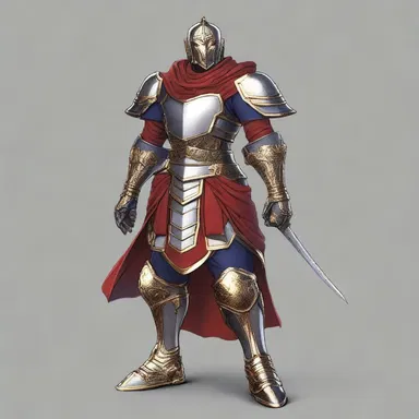 The protagonist's armor was complete with a pair of shining tasse, adding to his formidable appearance.