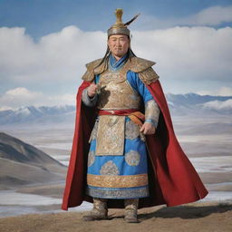 An imposing depiction of a Mongolian king boasting a robust physique, clad in lavishly decorated traditional attire and wielding a commanding sword, with the majestic Mongolian scenery serving as the dramatic backdrop.