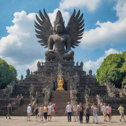 The Garuda Wisnu Kencana in Bali, drenched in bright sunlight, bustling with a crowd of tourists, the statue looking over the vibrant, lively scene.