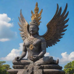 The Garuda Wisnu Kencana in Bali, drenched in bright sunlight, bustling with a crowd of tourists, the statue looking over the vibrant, lively scene.