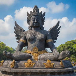 The Garuda Wisnu Kencana in Bali, drenched in bright sunlight, bustling with a crowd of tourists, the statue looking over the vibrant, lively scene.