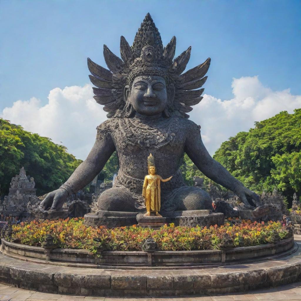 The Garuda Wisnu Kencana in Bali, drenched in bright sunlight, bustling with a crowd of tourists, the statue looking over the vibrant, lively scene.