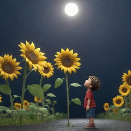 3D cartoon of a little boy looking up at a tall sunflower during a rainy night