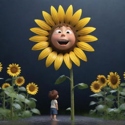 3D cartoon of a little boy looking up at a tall sunflower during a rainy night