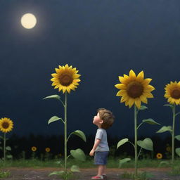 3D cartoon of a little boy looking up at a tall sunflower during a rainy night