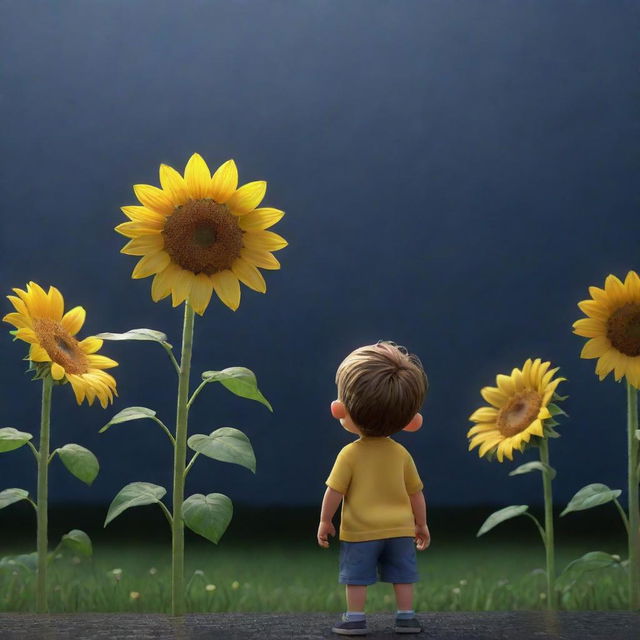 3D cartoon of a little boy looking up at a tall sunflower during a rainy night