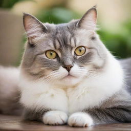 A blissful cat with glossy fur and bright eyes, gleaming with joy as it contentedly lounges in a serene environment