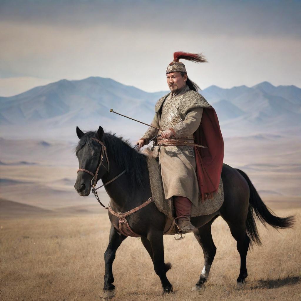 A powerful portrait of Chingis Khan, the revered Mongolian King, dressed in his iconic military attire, holding a sturdy bow and arrow, against a backdrop of the sprawling Mongolian plains.