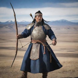 A powerful portrait of Chingis Khan, the revered Mongolian King, dressed in his iconic military attire, holding a sturdy bow and arrow, against a backdrop of the sprawling Mongolian plains.