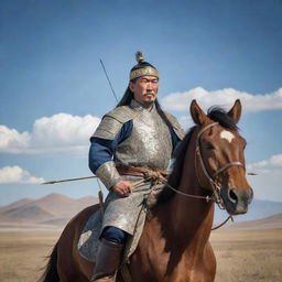 A powerful portrait of Chingis Khan, the revered Mongolian King, dressed in his iconic military attire, holding a sturdy bow and arrow, against a backdrop of the sprawling Mongolian plains.