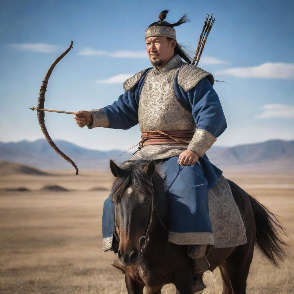 A powerful portrait of Chingis Khan, the revered Mongolian King, dressed in his iconic military attire, holding a sturdy bow and arrow, against a backdrop of the sprawling Mongolian plains.