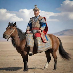 A majestic depiction of a Mongolian king situated against the backdrop of the vast Mongolian steppe, adorned with royal apparel and surmounted by a crown.