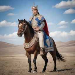 A majestic depiction of a Mongolian king situated against the backdrop of the vast Mongolian steppe, adorned with royal apparel and surmounted by a crown.