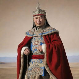 A majestic depiction of a Mongolian king situated against the backdrop of the vast Mongolian steppe, adorned with royal apparel and surmounted by a crown.